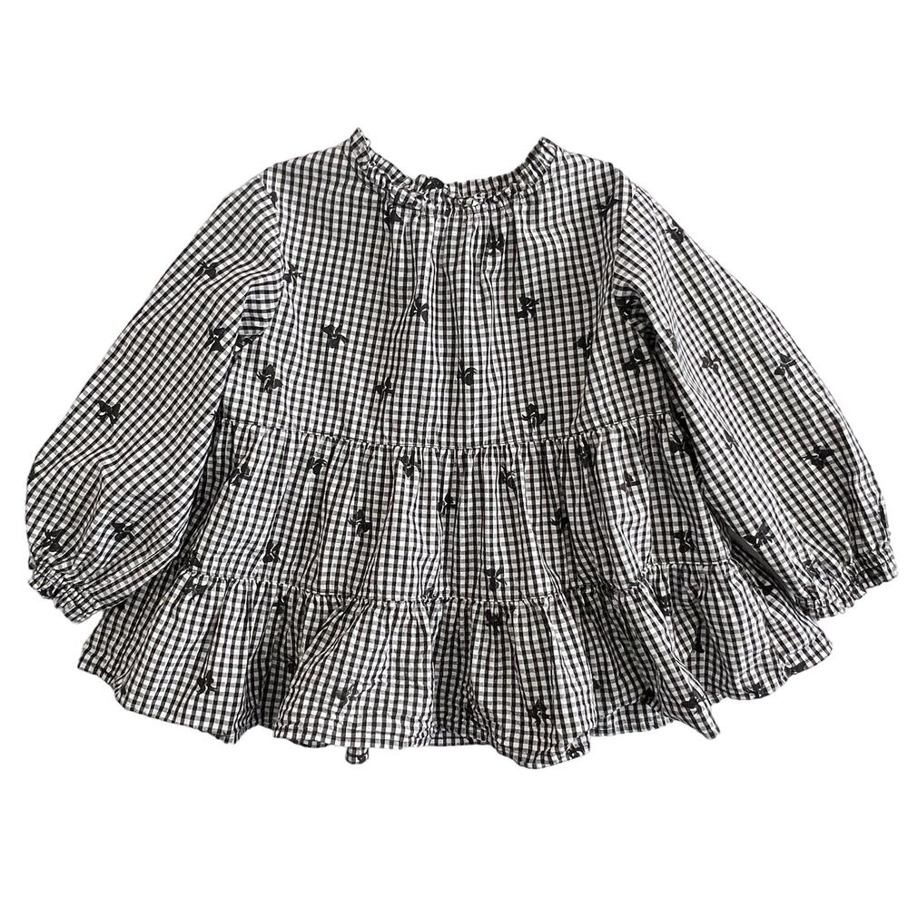 Crewcuts Tiered Gingham Blouse with Bows Size Small Size 6-7 Black and White